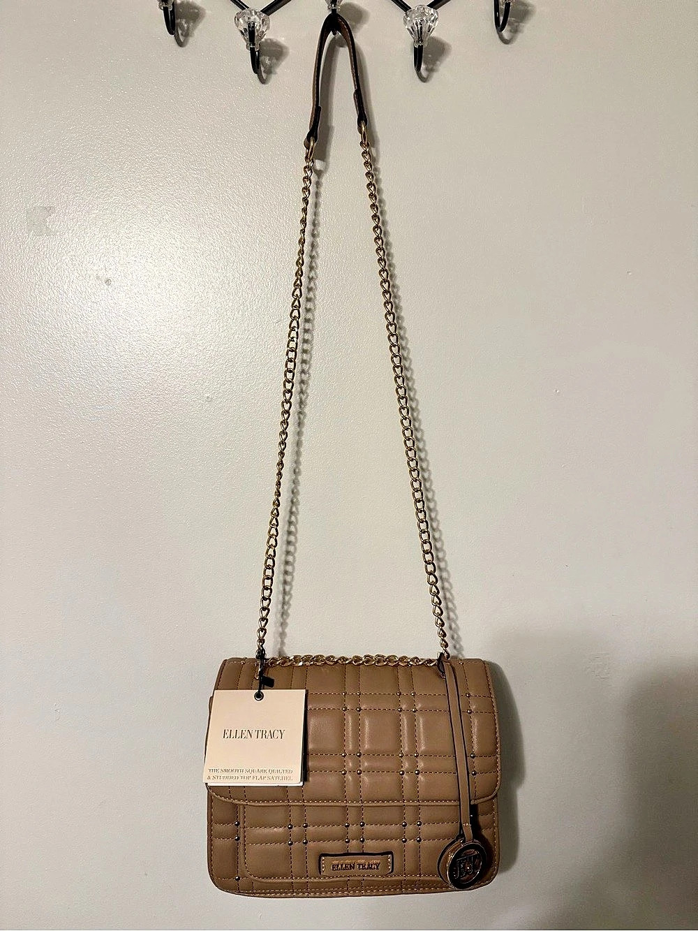 Ellen Tracy Studded Top Flap Satchel Quilted Shoulder Bag Brown NWT